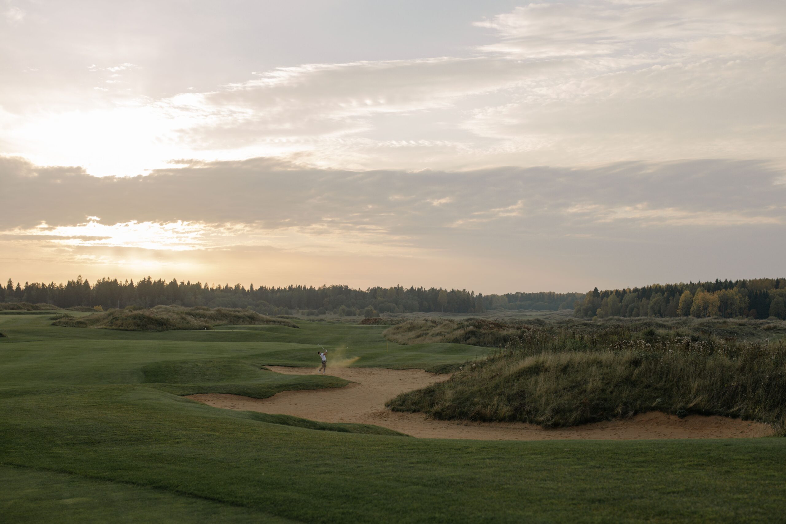 Golf course fairway and bunkers in early morning light