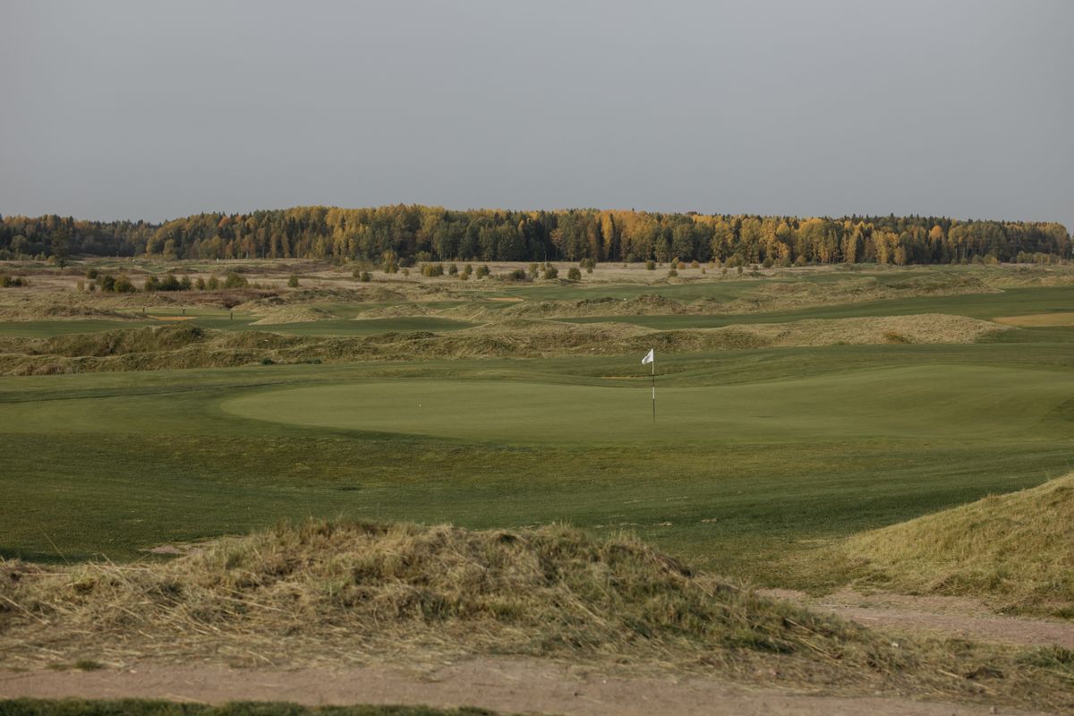 Golf flag on a green, illustrative image for a rangefinder buying guide